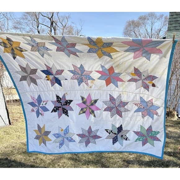 Vintage Hand-Stitched Lemoyne Star Summer Quilt Coverlet 8 Point  73" X 67" - Picture 2 of 16